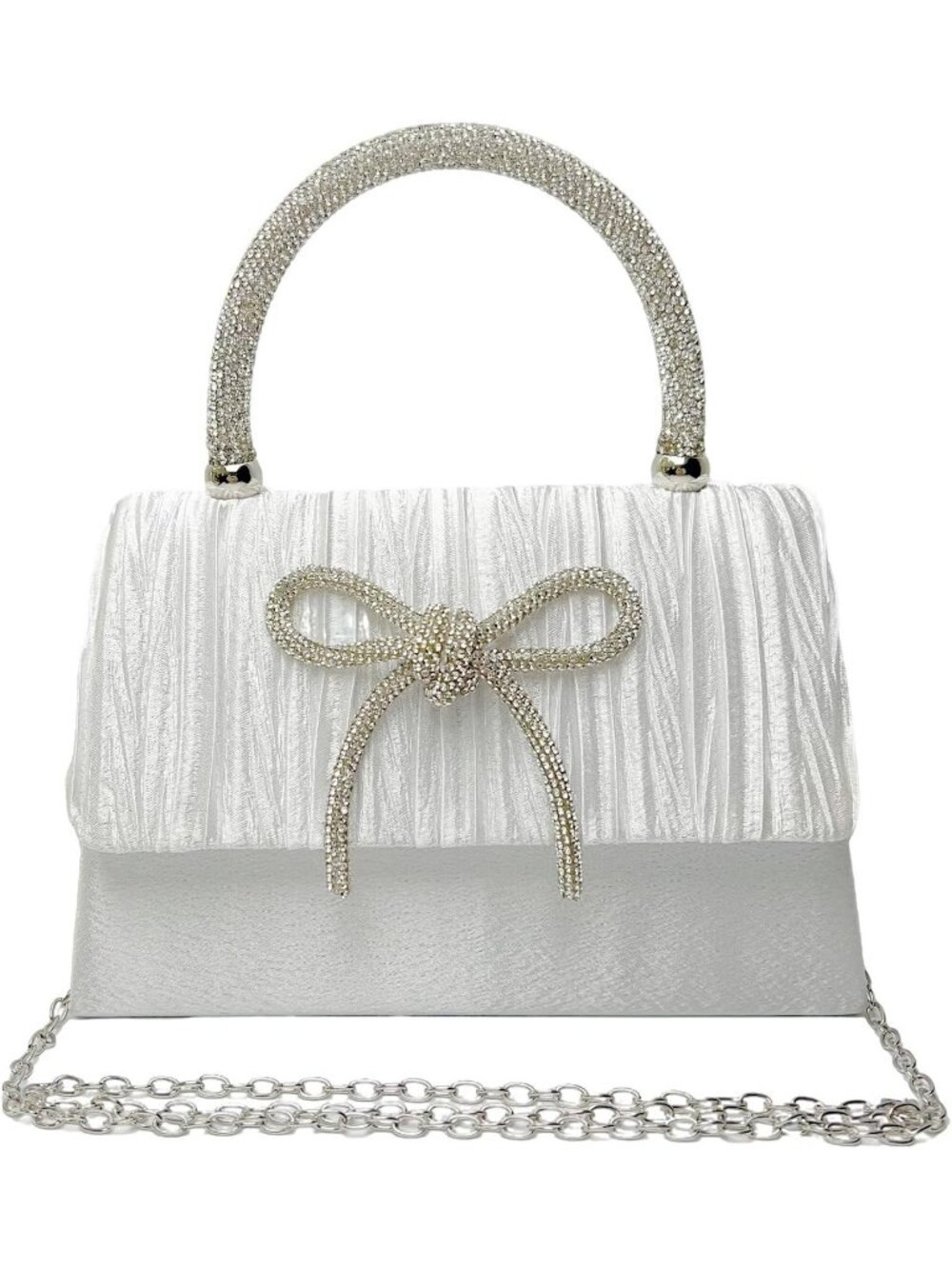 Women's Moonlight Silver Sparkly Bow Rhinestone Clutch Purse Evening Bag